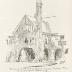 Line drawing of a facade of a stone house with chimney and arched porte cochere.