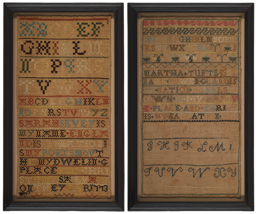 Two detailed, multi-colored needlework samplers with letters carefully stitched along horizontal lines.