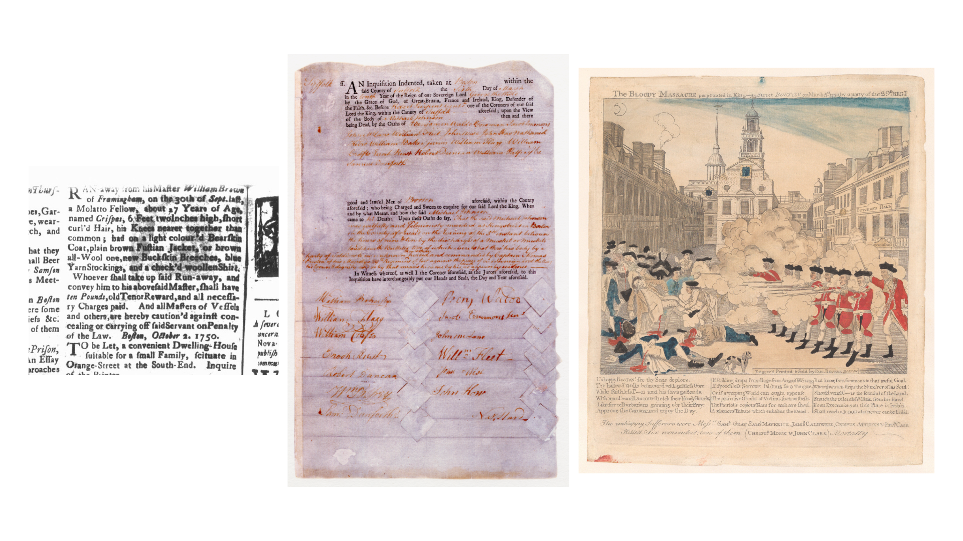 Three different historical documents. The left, an excerpt from a newspaper article, is a poor black and white copy. The central image is a detailed color copy of a handwritten legal document. The right image is a colorful print showing a scene from the Boston Massacre.