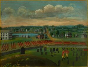 A view of the town of Concord with lines of soldiers wearing red coats and a cemetery in the foreground.