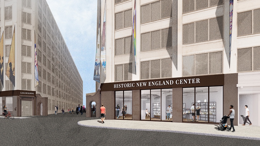 An illustration of the Historic New England Center with pedestrians walking by and people enjoying the exhibits inside.