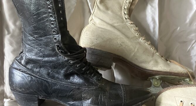 A pair of black shoes circa 1908 and a pair of white skates circa 1938. Made by Tomasso Francione.