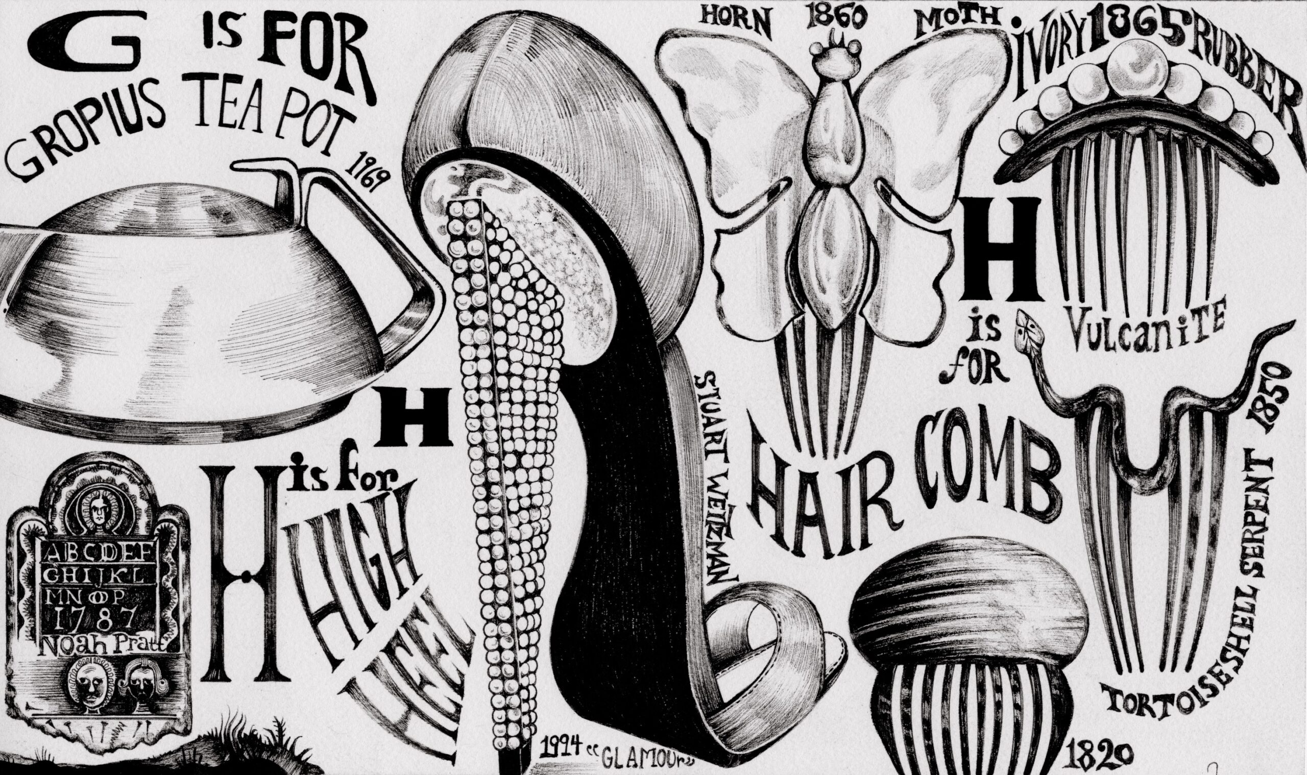 A portion of a black and white mural by Ruben Toledo. Items in the excerpt include a teapot, a high heel shoe, a hair comb, and a moth.